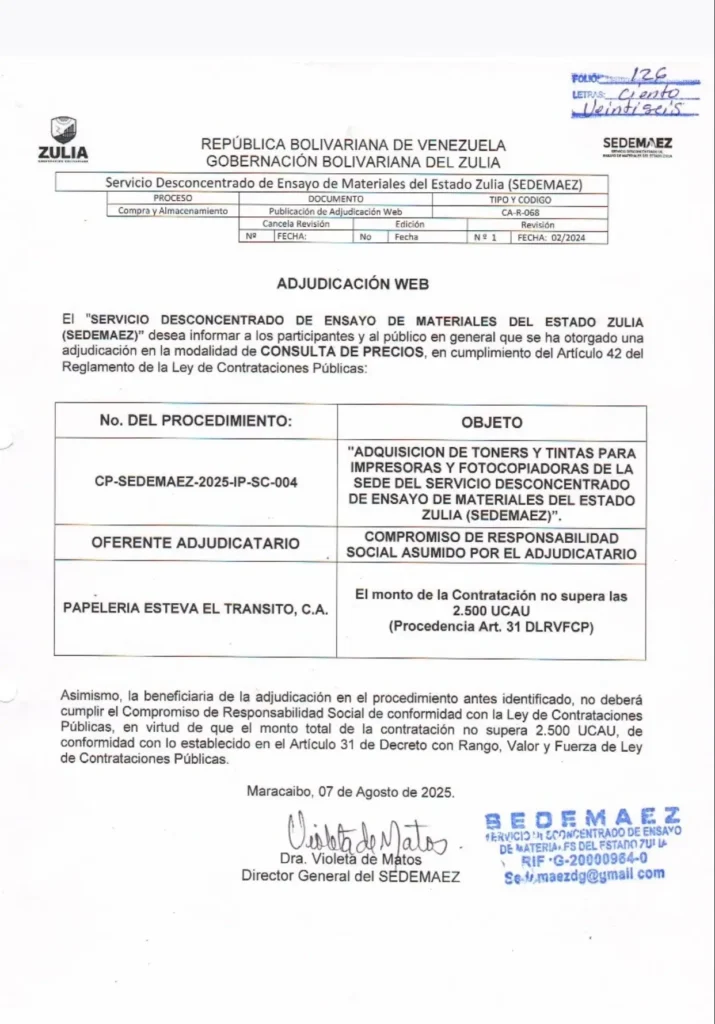 Documento oficial de la adjudicación web CP-SEDEMAEZ-2025-IP-SC-004 de SEDEMAEZ