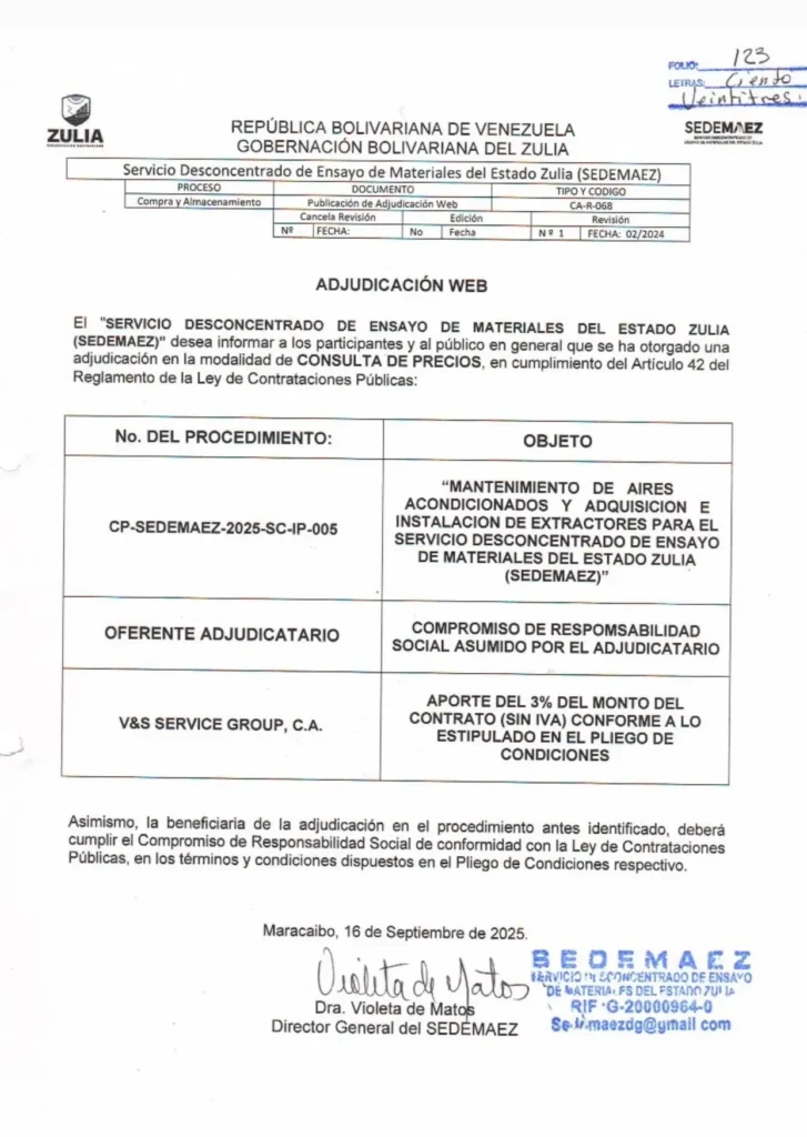 Documento oficial de la adjudicación web CP-SEDEMAEZ-2025-SC-IP-005 de SEDEMAEZ