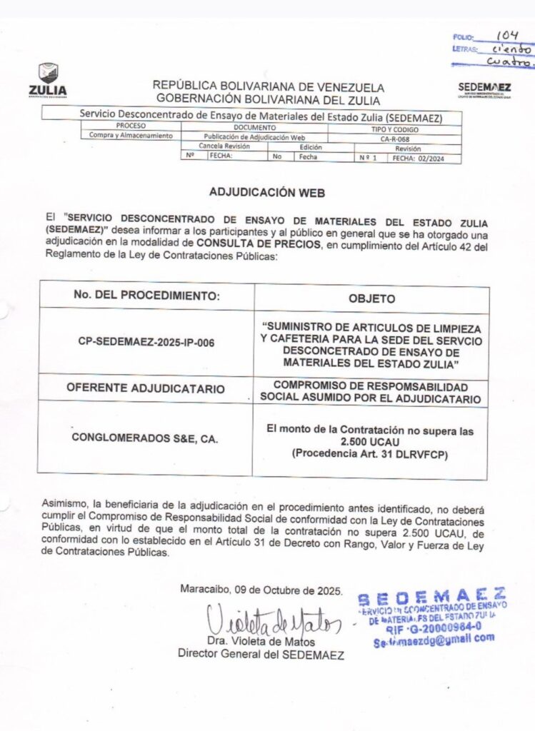 Documento oficial de la adjudicación web CP-SEDEMAEZ-2025-IP-006 de SEDEMAEZ