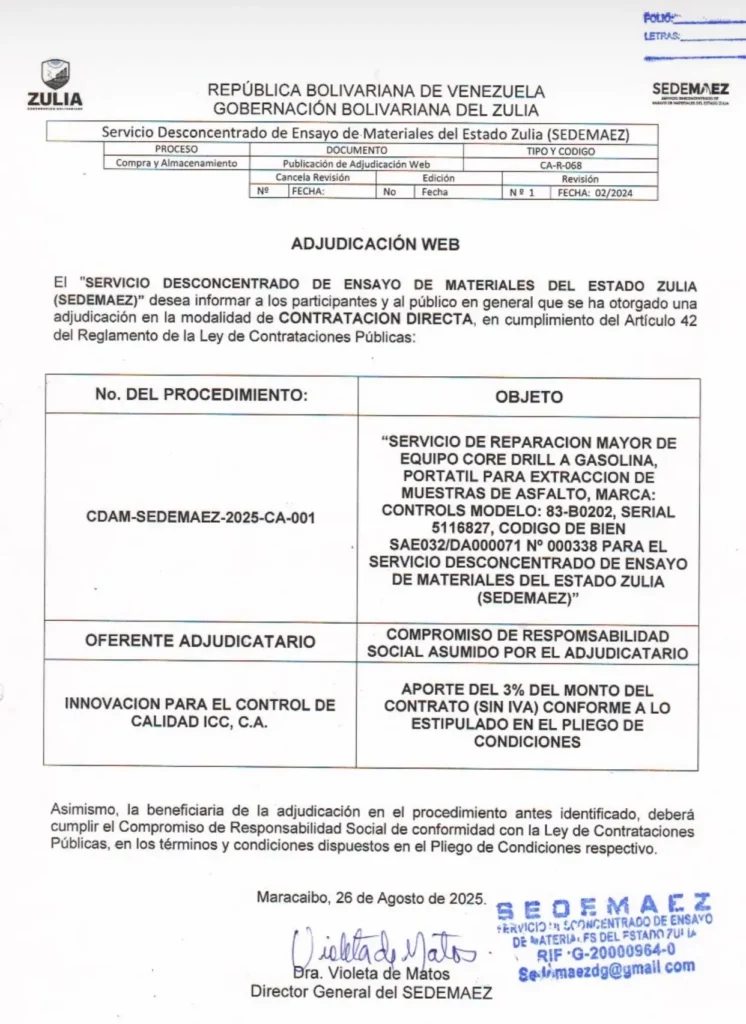 Documento oficial de la adjudicación web CDAM-SEDEMAEZ-2025-CA-001 de SEDEMAEZ