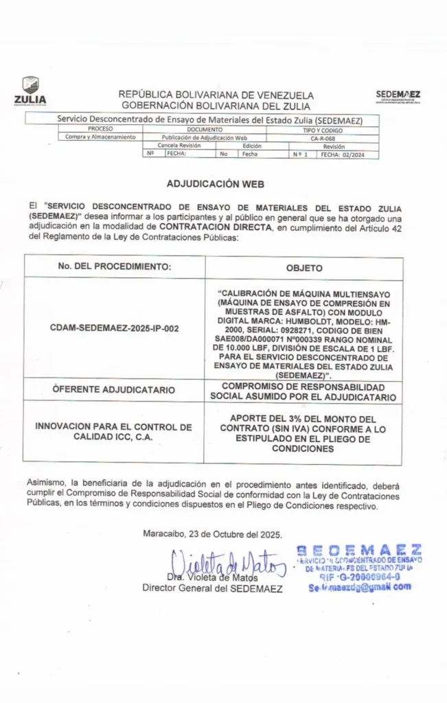 Documento oficial de la adjudicación web CDAM-SEDEMAEZ-2025-IP-002 de SEDEMAEZ