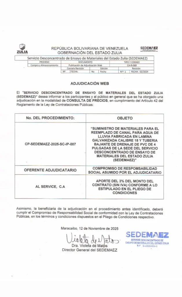 Documento oficial de la adjudicación web CP-SEDEMAEZ-2025-SC-IP-007 de SEDEMAEZ