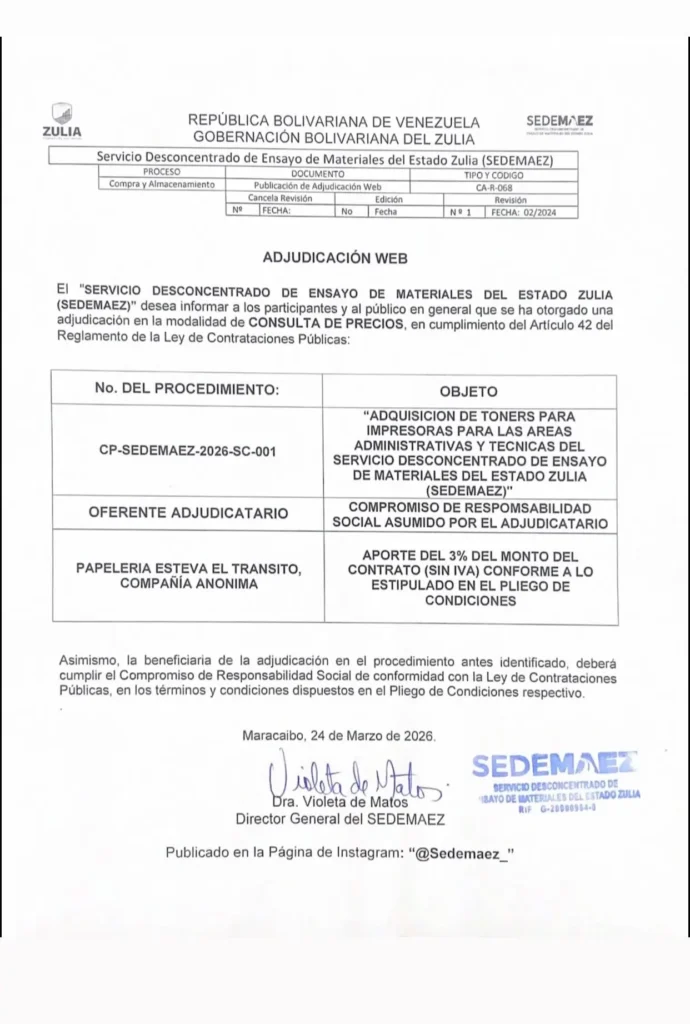 Documento oficial de la adjudicación web CP-SEDEMAEZ-2026-SC-001 de SEDEMAEZ