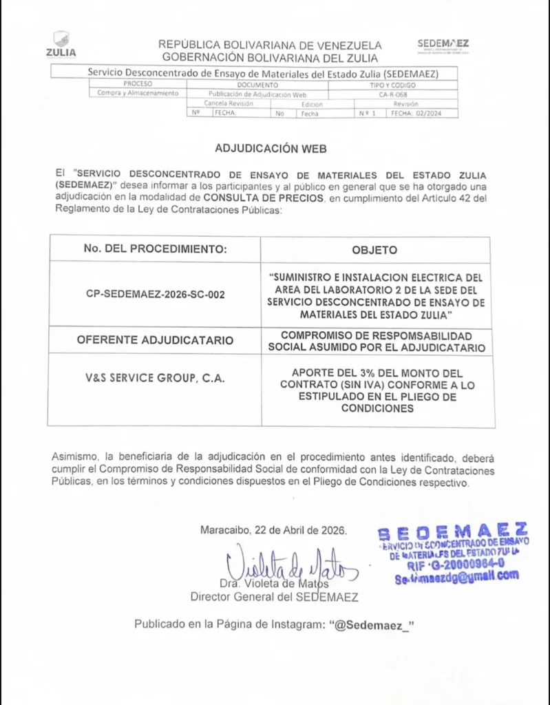 Documento oficial de la adjudicación web CP-SEDEMAEZ-2026-SC-002 de SEDEMAEZ