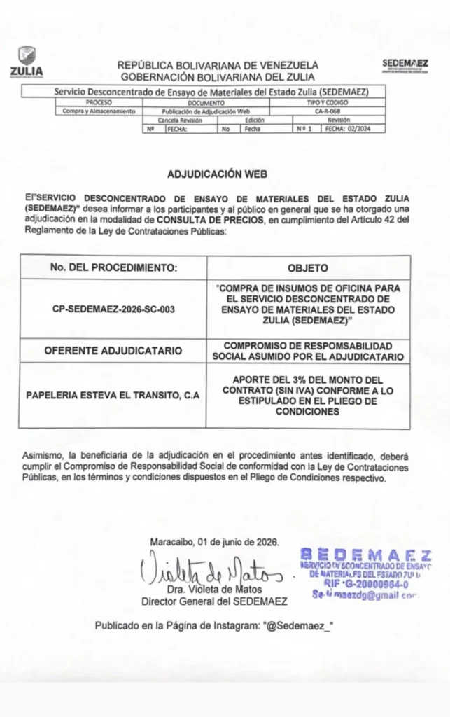 Documento oficial de la adjudicación web CP-SEDEMAEZ-2026-SC-003 de SEDEMAEZ