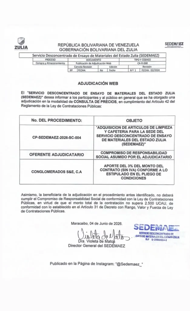 Documento oficial de la adjudicación web CP-SEDEMAEZ-2026-SC-004 de SEDEMAEZ