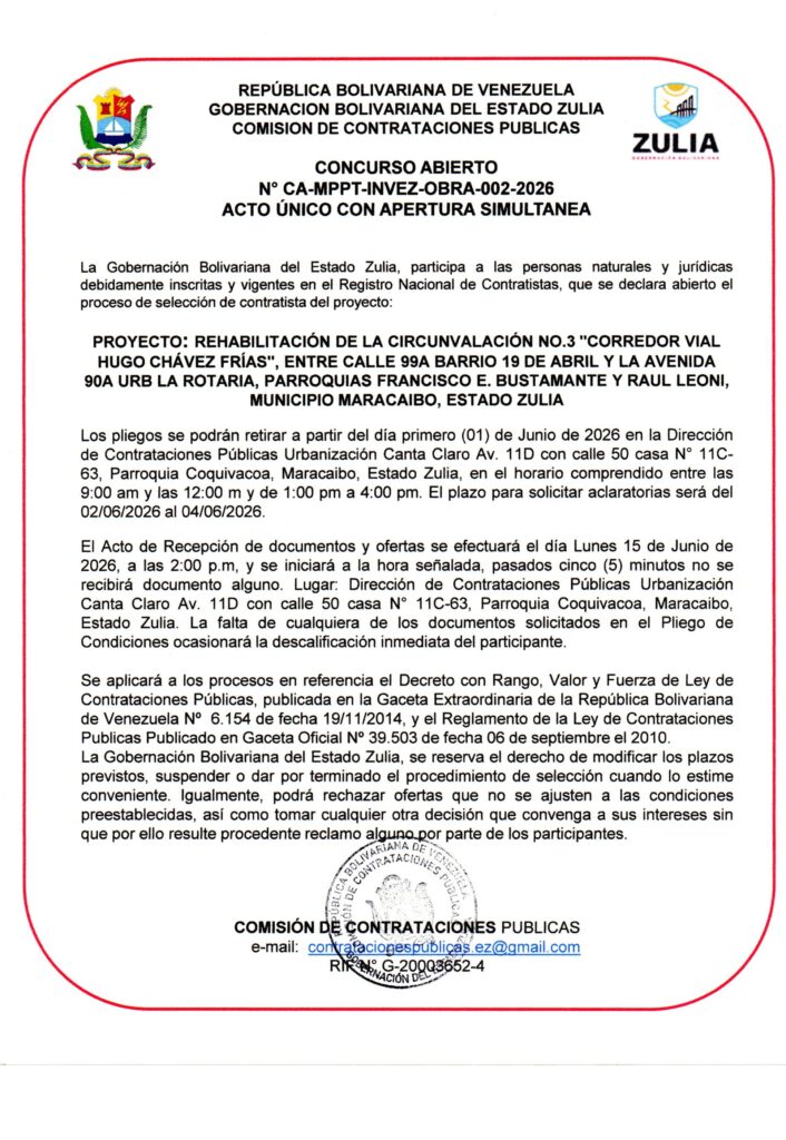 Concurso Abierto de la Gobernación del Zulia para la obra de la Circunvalación Número 3 Corredor Vial Hugo Chávez Frías.