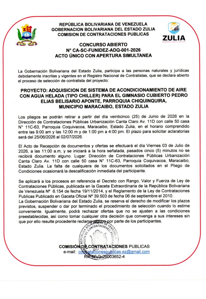 Concurso Abierto CA-SC-FUNIDEZ-ADQ-001-2026 Gobernación del Zulia