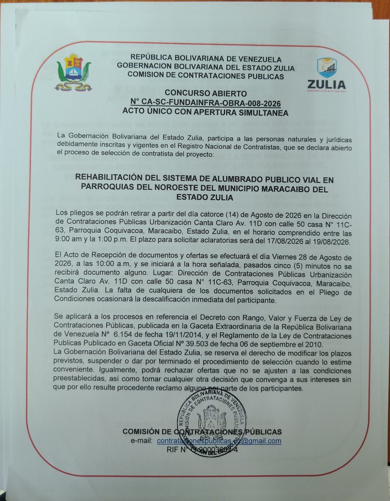 Aviso Oficial Concurso CA-SC-FUNDAINFRA-OBRA-008-2026 Concurso CA-SC-FUNDAINFRA-OBRA-008-2026 alumbrado publico Maracaibo