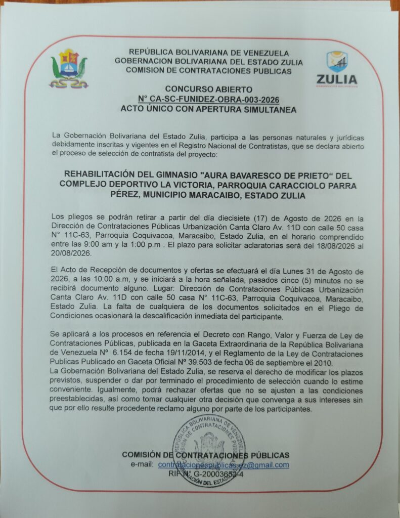 Aviso Oficial Concurso CA-SC-FUNIDEZ-OBRA-003-2026 Documento del Concurso Abierto CA-SC-FUNIDEZ-OBRA-003-2026