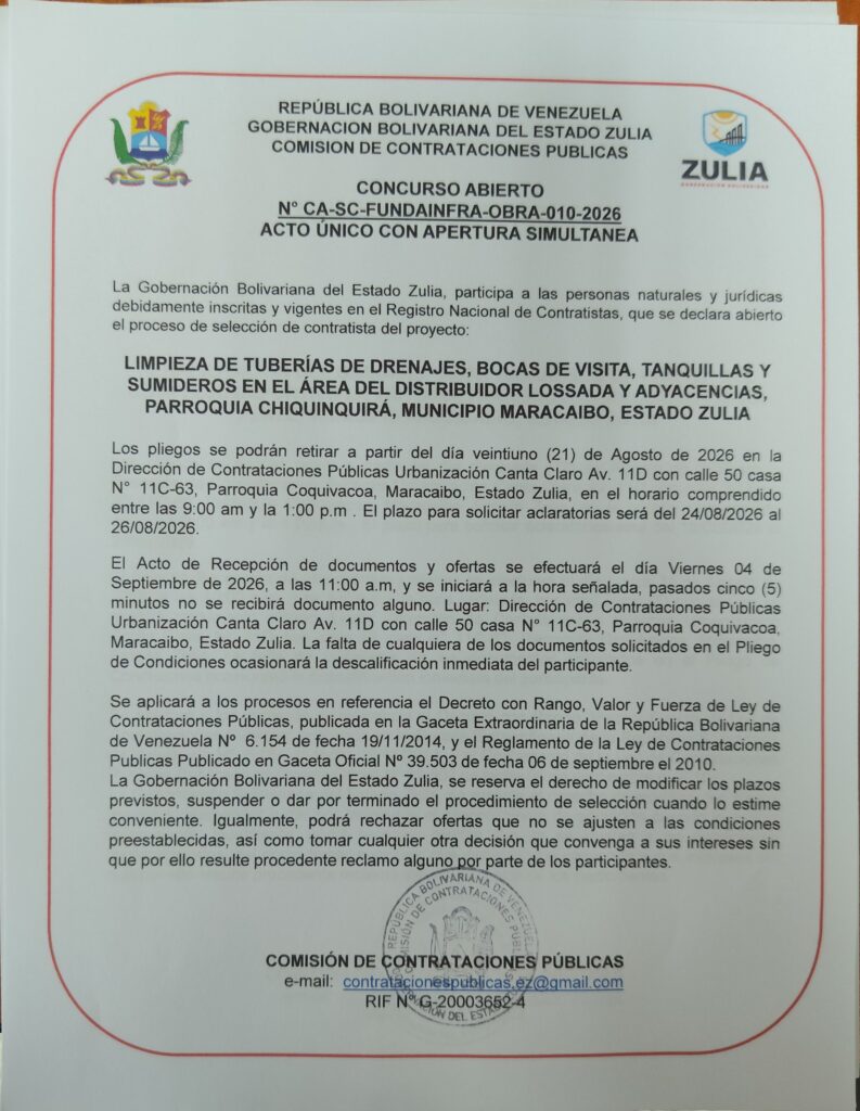 Aviso Oficial Concurso CA-SC-FUNDAINFRA-OBRA-010-2026 Documento del Concurso Abierto CA-SC-FUNDAINFRA-OBRA-010-2026
