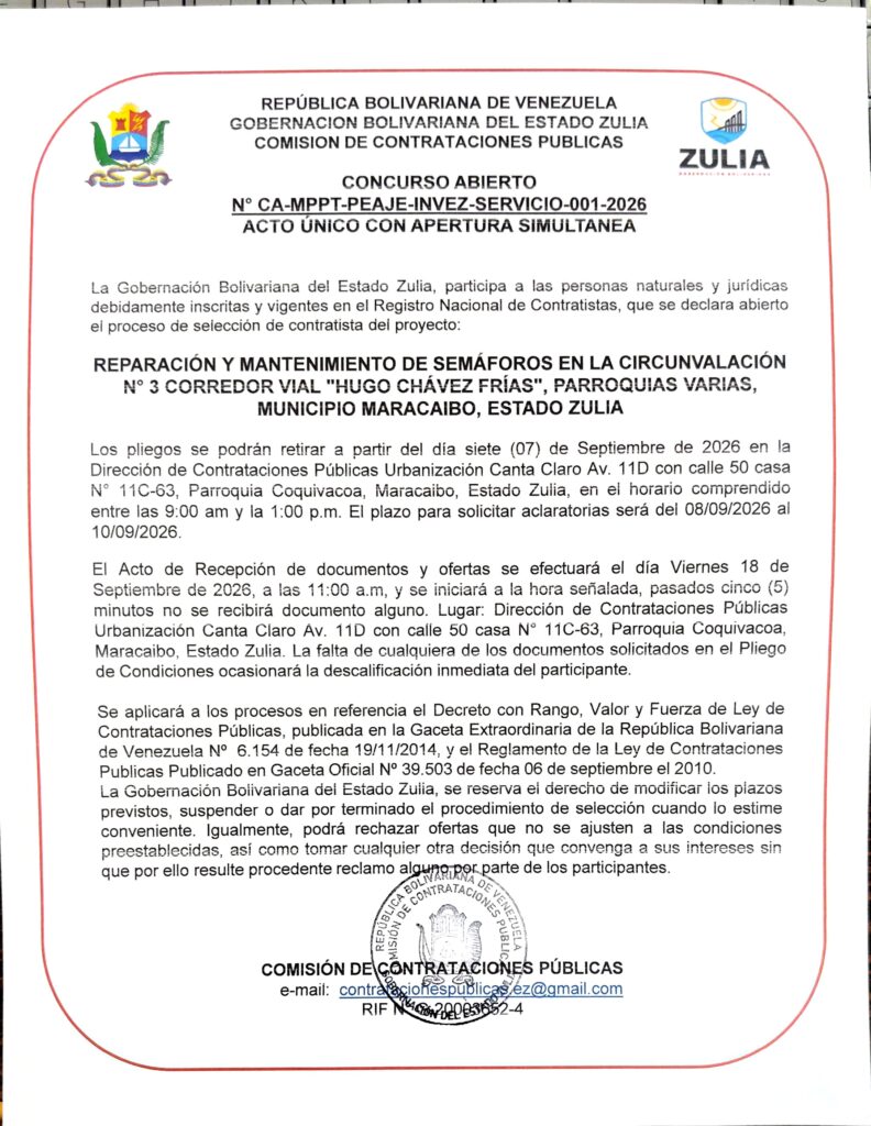 Aviso Oficial Concurso CA-MPPT-PEAJE-INVEZ-SERVICIO-001-2026 Documento del Concurso Abierto CA-MPPT-PEAJE-INVEZ-SERVICIO-001-2026