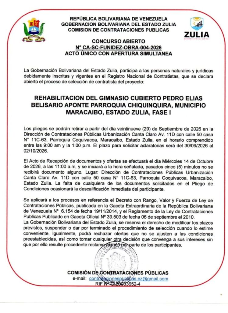 Concurso Abierto CA-SC-FUNIDEZ-OBRA-004-2026: Gimnasio Belisario Aponte Cartel de Concurso Abierto CA-SC-FUNIDEZ-OBRA-004-2026 Gimnasio Belisario Aponte
