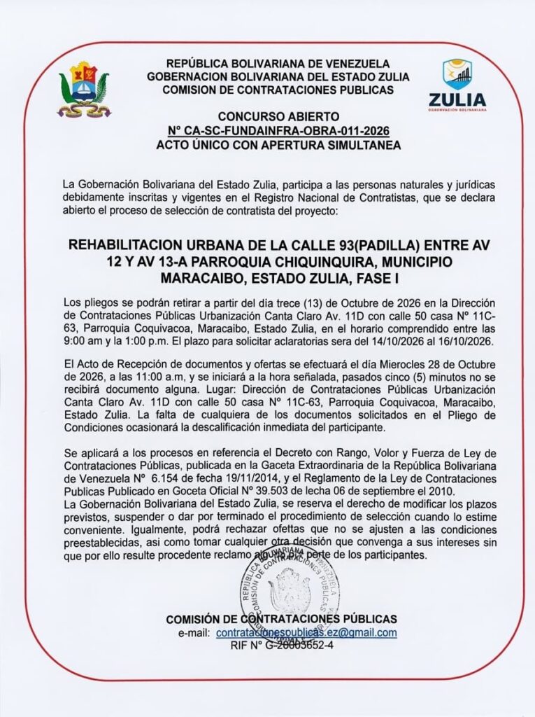 Cartel de Concurso Abierto CA-SC-FUNDAINFRA-OBRA-011-2026 Calle 93 Padilla Maracaibo Cartel de Concurso Abierto CA-SC-FUNDAINFRA-OBRA-011-2026 Calle 93 Padilla Maracaibo